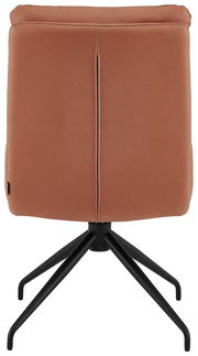 Rückansicht eines modernen Stuhls mit braunem Polster und schwarzem Metallgestell.