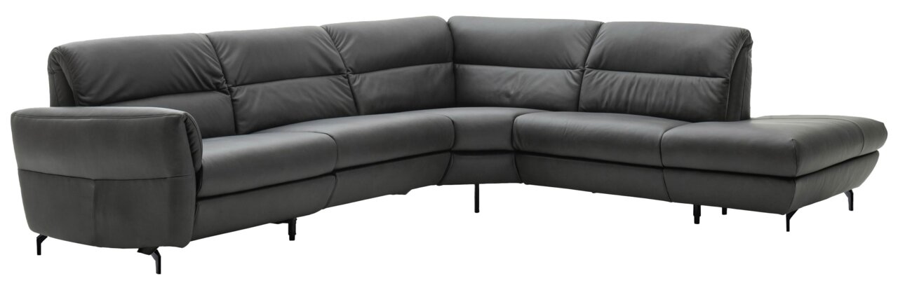 Schöner Wohnen Ecksofa SALERNO Eckgarnitur in dunklem Leder, perspektivisch von vorne links fotografiert