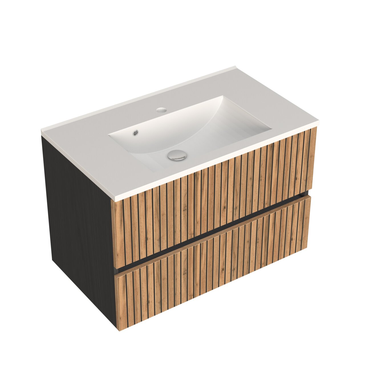 Wastafelset met houtlook en witte wastafel, aanzicht van linksboven