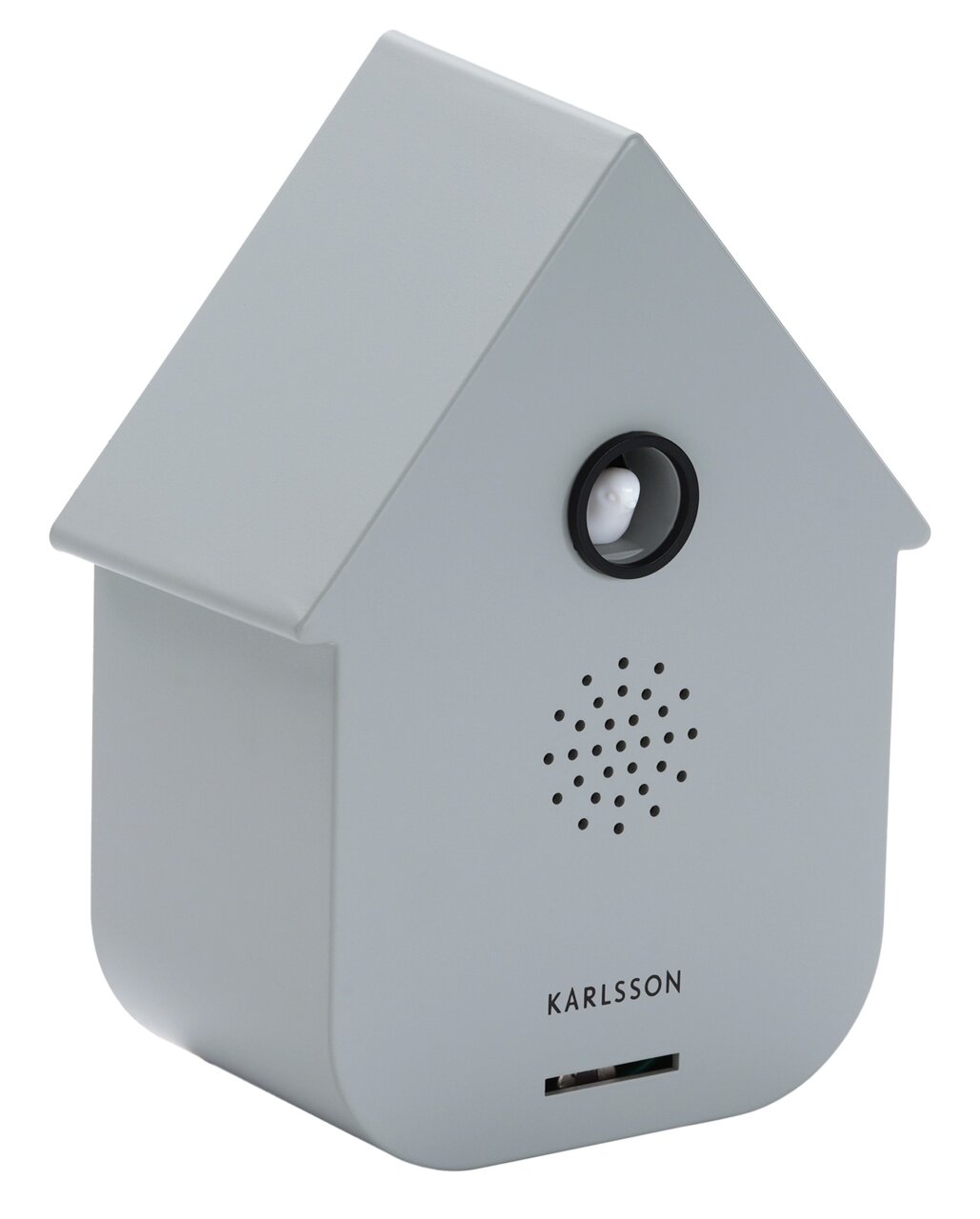 Graue Soundbox in Form eines Hauses mit Lautsprecher und Bewegungssensor, seitliche Perspektive