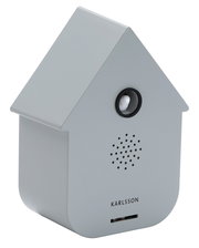 Graue Soundbox in Form eines Hauses mit Lautsprecher und Bewegungssensor, seitliche Perspektive