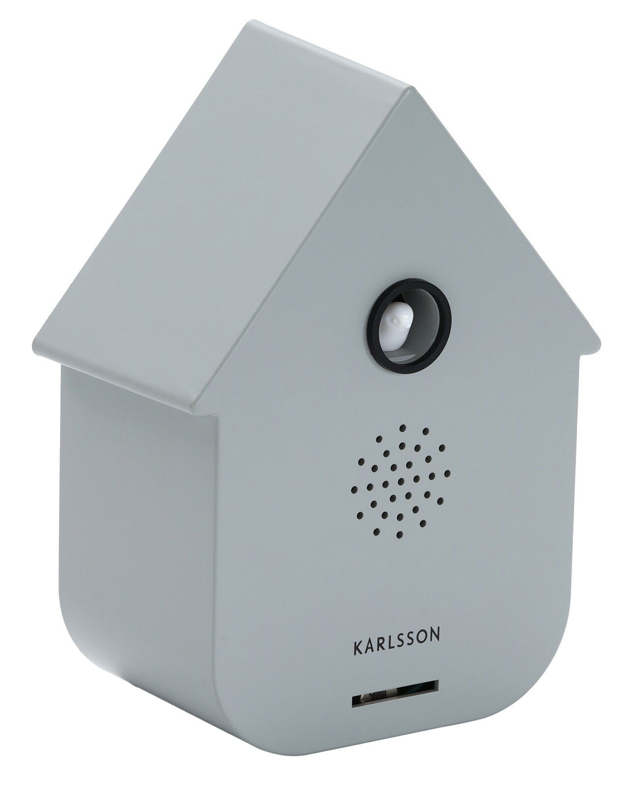 Graue Soundbox in Form eines Hauses mit Lautsprecher und Bewegungssensor, seitliche Perspektive