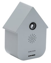Graue Soundbox in Form eines Hauses mit Lautsprecher und Bewegungssensor, seitliche Perspektive