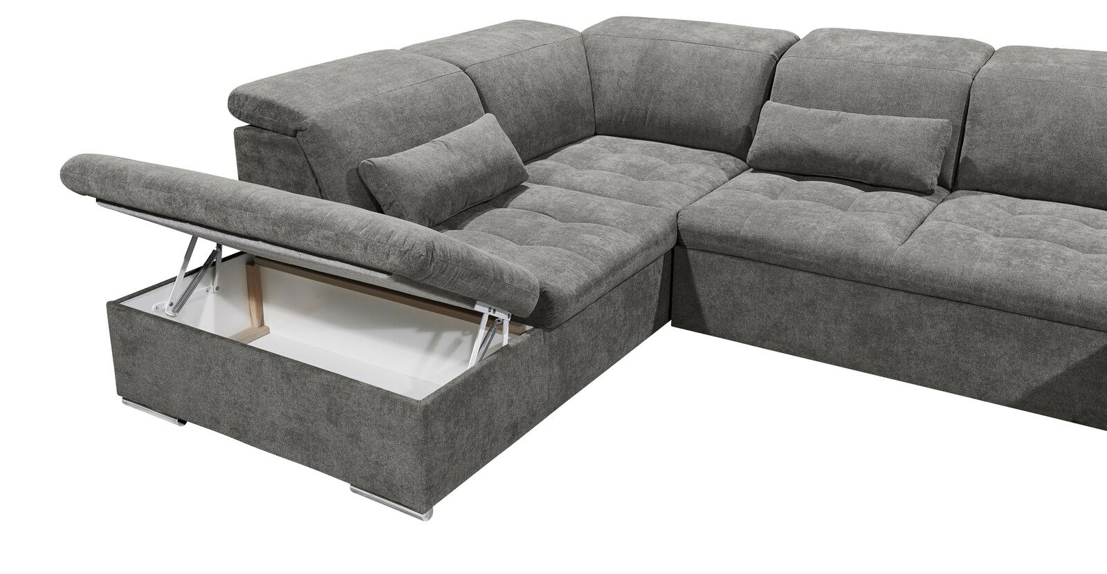 Graue Rundecke mit Stauraum, Perspektive von vorne links