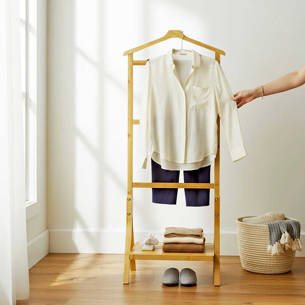 Frontale Ansicht eines hellen Hemdes auf einem Holz-Kleiderständer im minimalistischen Raum, darunter dunkelblaue Shorts, gefaltete Kleidung und graue Hausschuhe; rechts greift eine Hand nach dem Ärmel