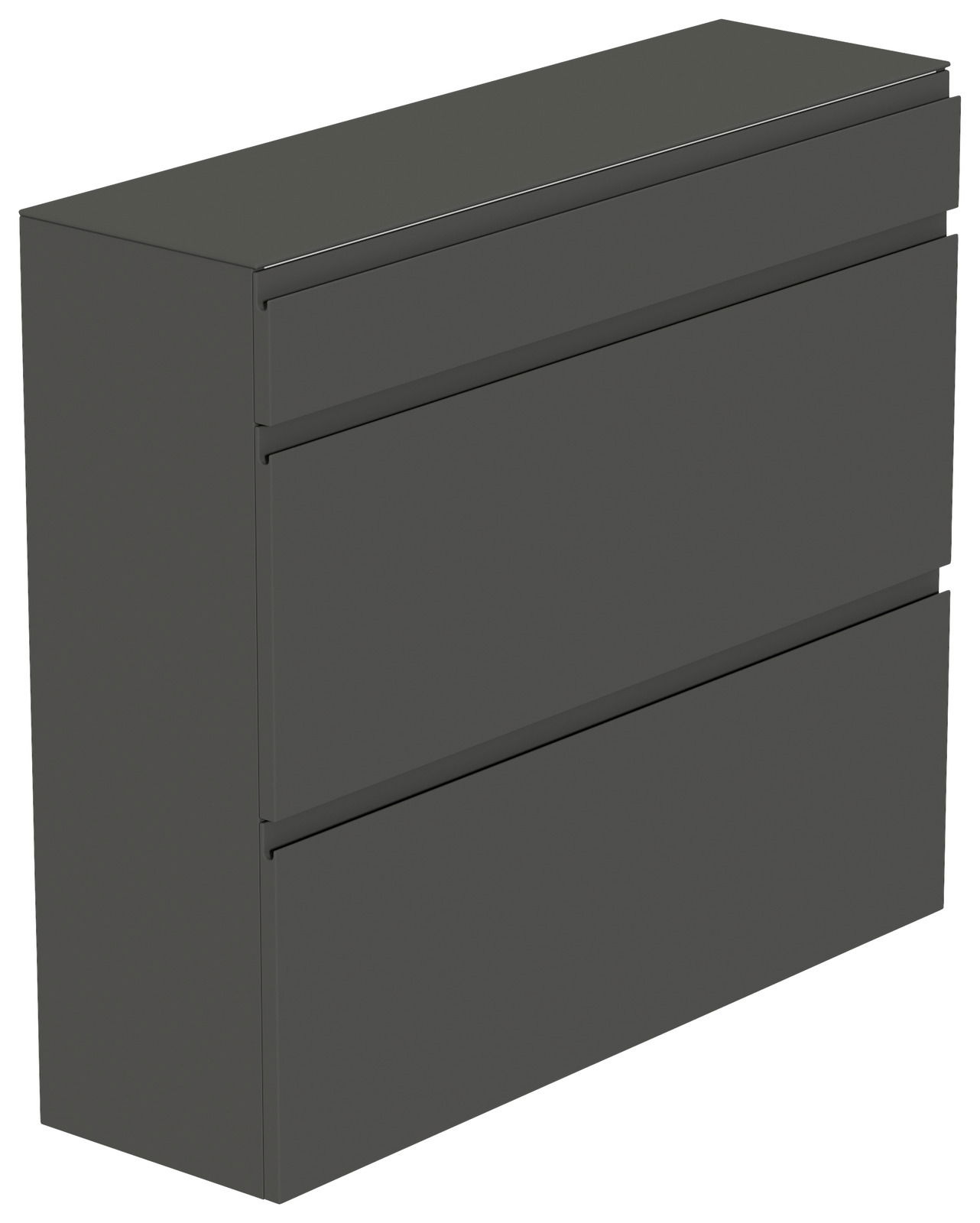 Moderner, grauer Hängeschuhschrank mit drei Schubladen, seitliche Perspektive