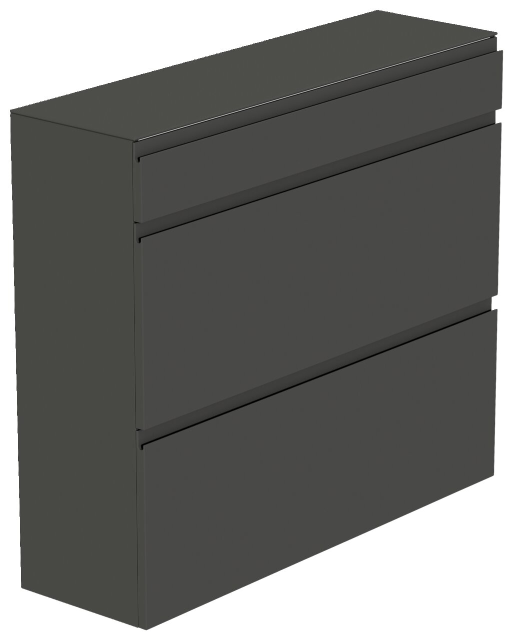 Moderner, grauer Hängeschuhschrank mit drei Schubladen, seitliche Perspektive