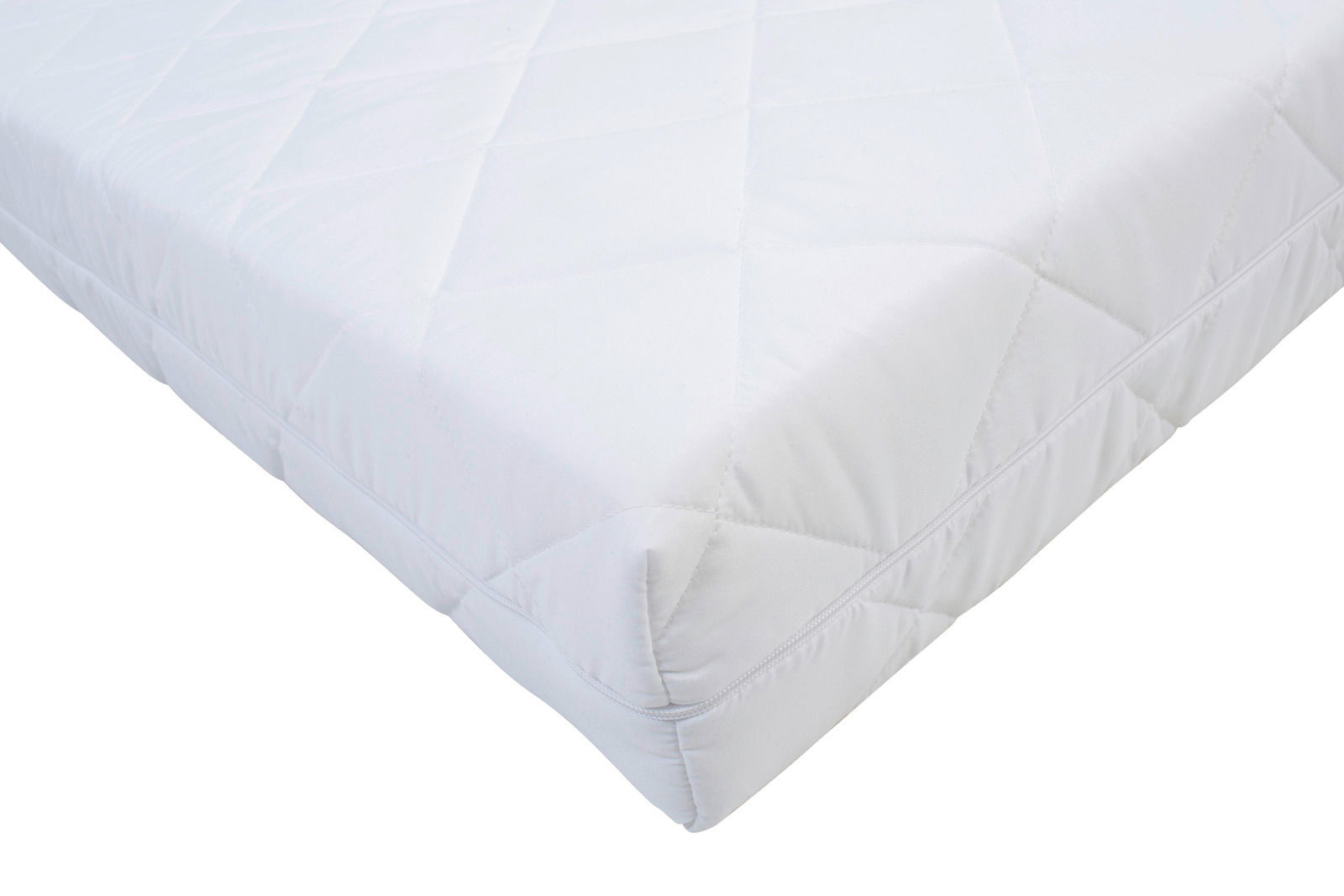 Ecke einer weißen Bonellfederkernmatratze mit gestepptem Bezug, Perspektive von schräg oben