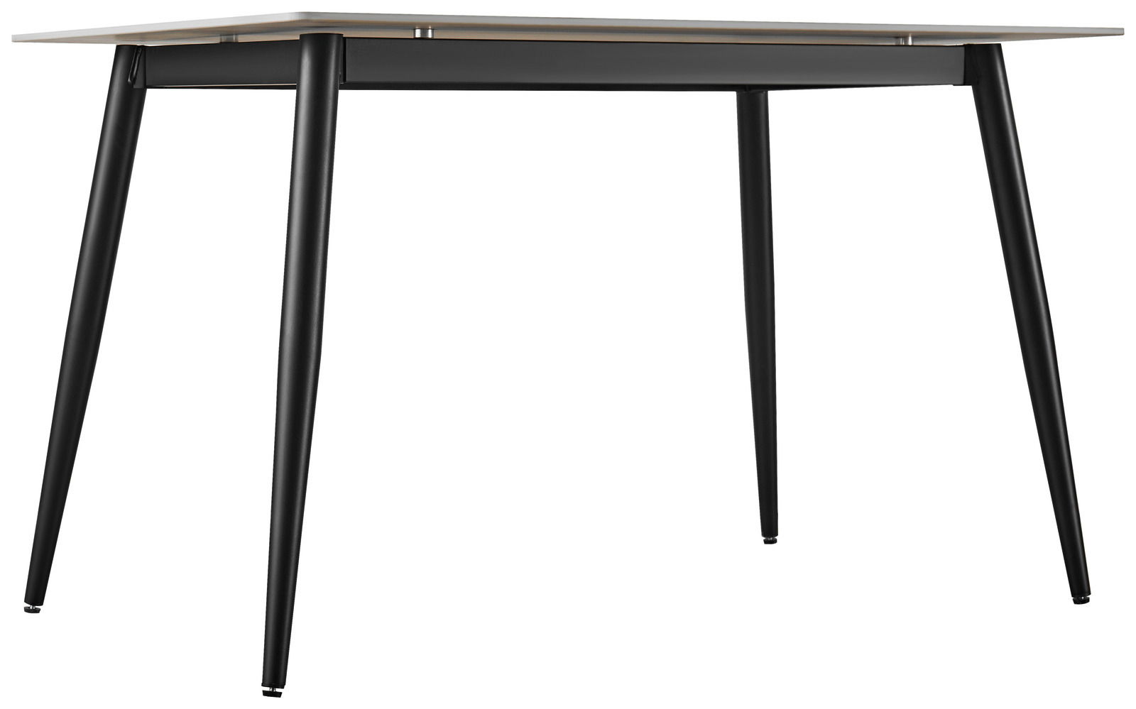 Moderner Esstisch mit schwarzem Metallgestell und heller Tischplatte, seitliche Perspektive