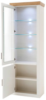 Vitrine mit zwei offenen Türen, Glasregale und integrierter Beleuchtung, seitliche Perspektive