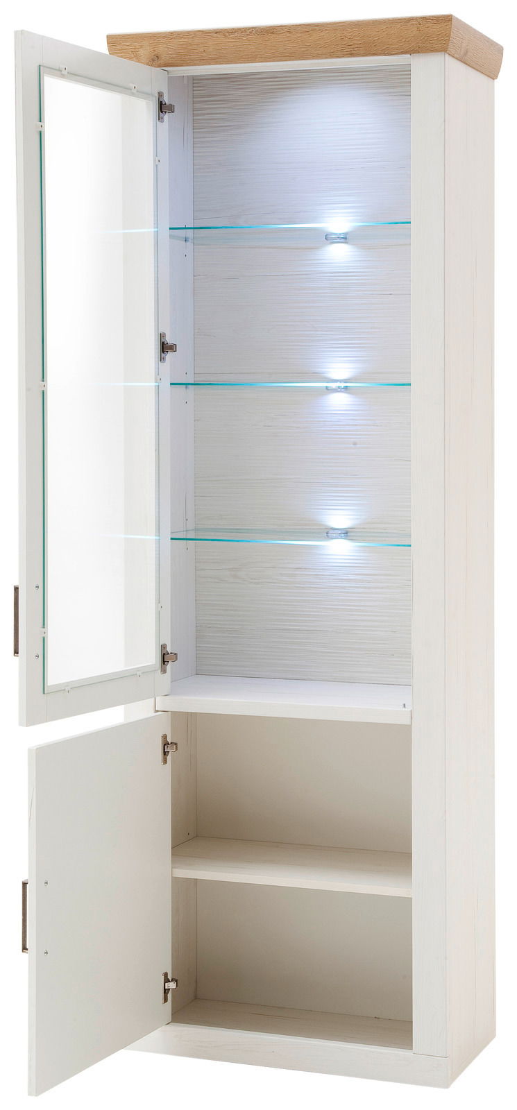 Vitrine mit zwei offenen Türen, Glasregale und integrierter Beleuchtung, seitliche Perspektive