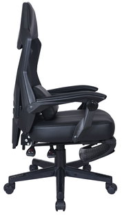 Seitliche Ansicht eines schwarzen Gaming-Stuhls mit verstellbaren Armlehnen und ergonomischem Design.