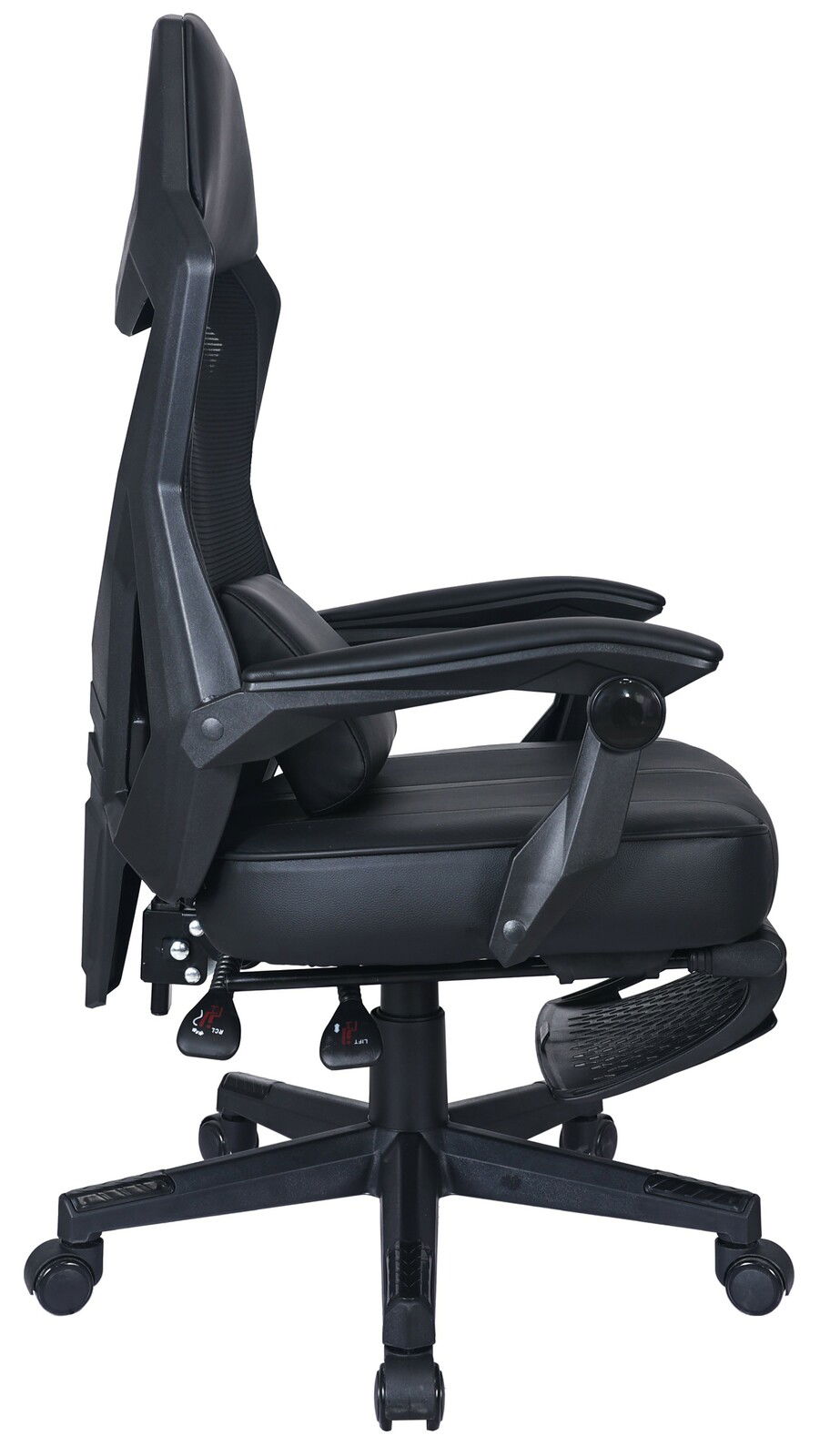 Seitliche Ansicht eines schwarzen Gaming-Stuhls mit verstellbaren Armlehnen und ergonomischem Design.