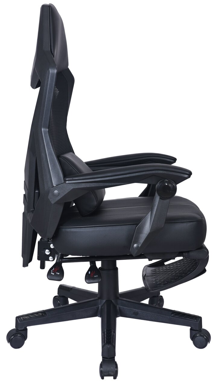 Zijaanzicht van een zwarte gamingstoel met verstelbare armleuningen en een ergonomisch ontwerp.