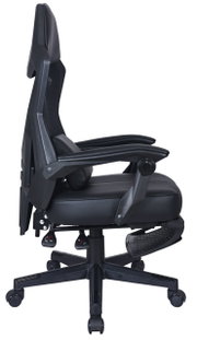 Zijaanzicht van een zwarte gamingstoel met verstelbare armleuningen en een ergonomisch ontwerp.