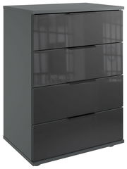 Graue Nachtkommode mit vier Schubladen, seitliche Perspektive