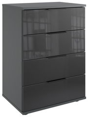 Graue Nachtkommode mit vier Schubladen, seitliche Perspektive