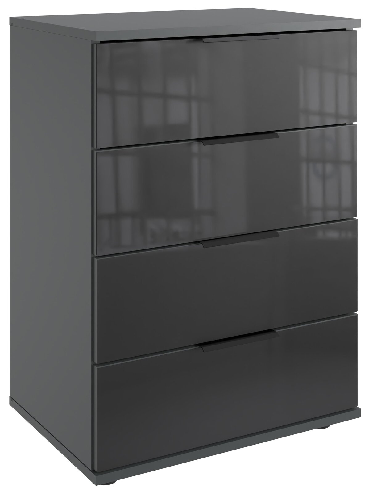 Graue Nachtkommode mit vier Schubladen, seitliche Perspektive