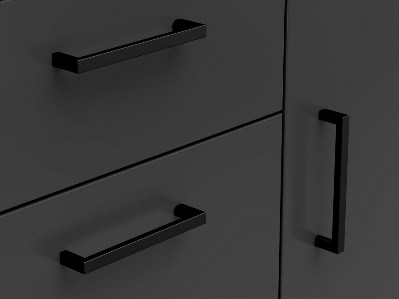 Nahaufnahme einer schwarzen Kommode mit modernen, rechteckigen Griffen aus Metall, seitliche Perspektive