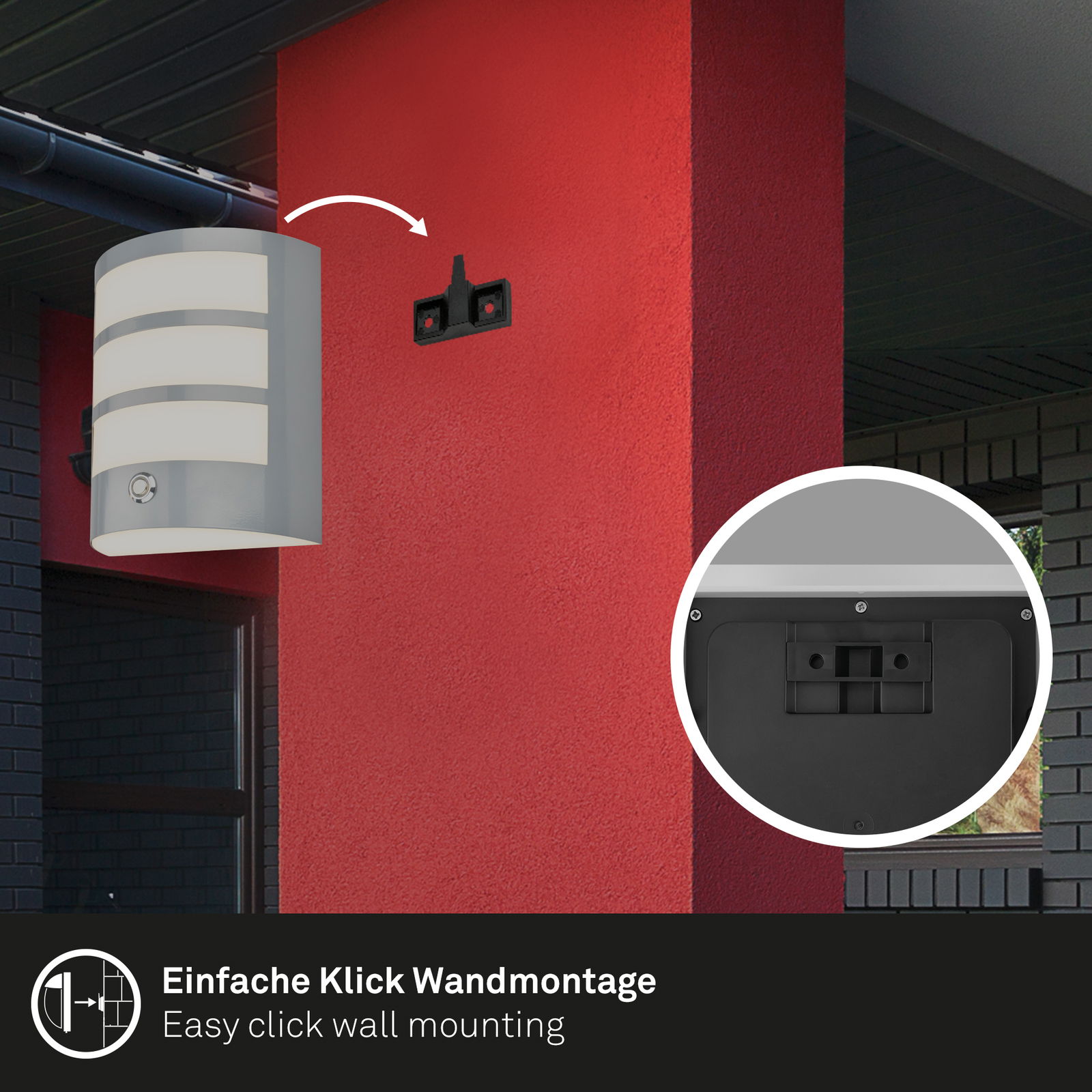 Briloner Akku-Außenwandleuchte mit einfacher Klick-Wandmontage, seitliche Perspektive