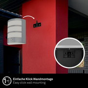 Briloner Akku-Außenwandleuchte mit einfacher Klick-Wandmontage, seitliche Perspektive