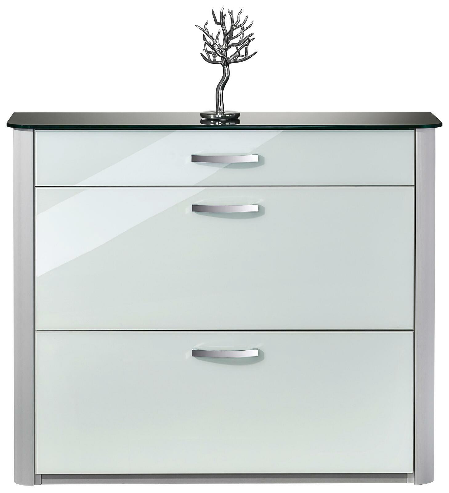 Moderner Schuhschrank mit drei Schubladen, Glasoberfläche und dekorativem Baumobjekt, Frontalansicht