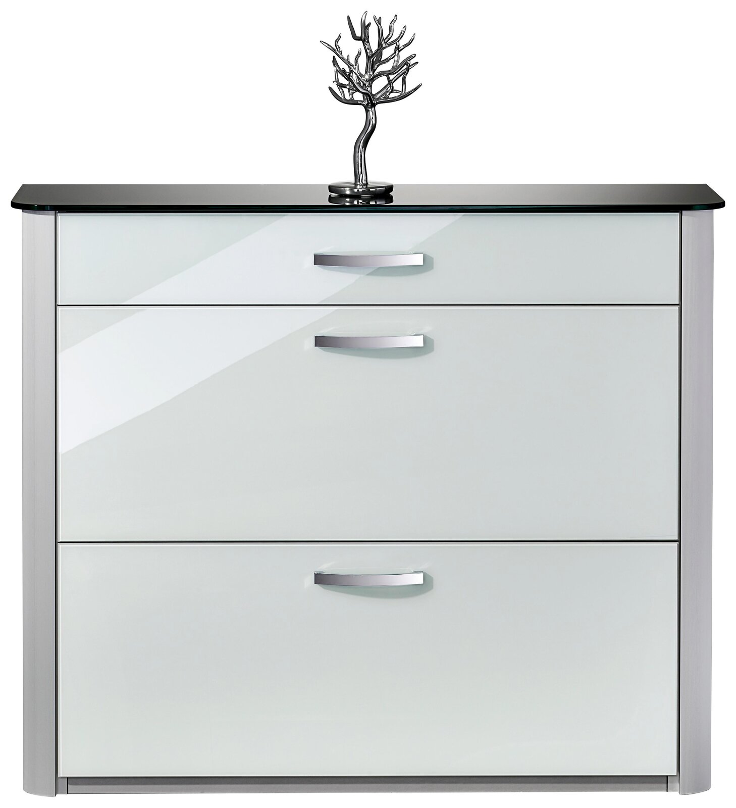 Moderano Schuhschrank MILANO Moderner Schuhschrank mit drei Schubladen, Glasoberfläche und dekorativem Baumobjekt, Frontalansicht