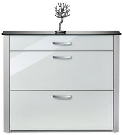 Moderner Schuhschrank mit drei Schubladen, Glasoberfläche und dekorativem Baumobjekt, Frontalansicht