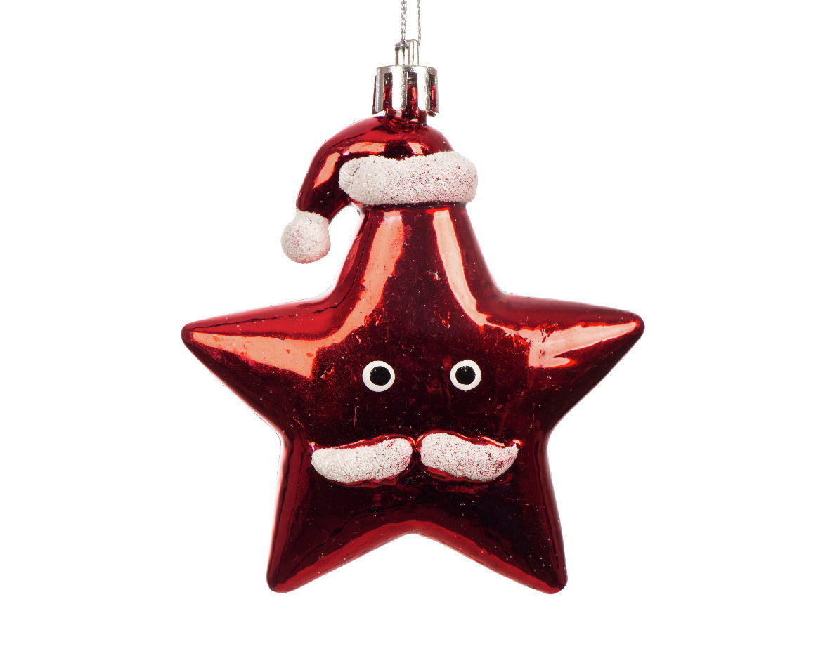Rote sternförmige Weihnachtsbaumdekoration mit Weihnachtsmütze und Gesicht, Frontalansicht