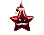 Rote sternförmige Weihnachtsbaumdekoration mit Weihnachtsmütze und Gesicht, Frontalansicht