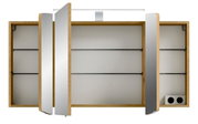 Spiegelschrank mit drei Türen, teilweise geöffnet, aus Holz mit Glasregalen und integrierter Beleuchtung, Frontalansicht.