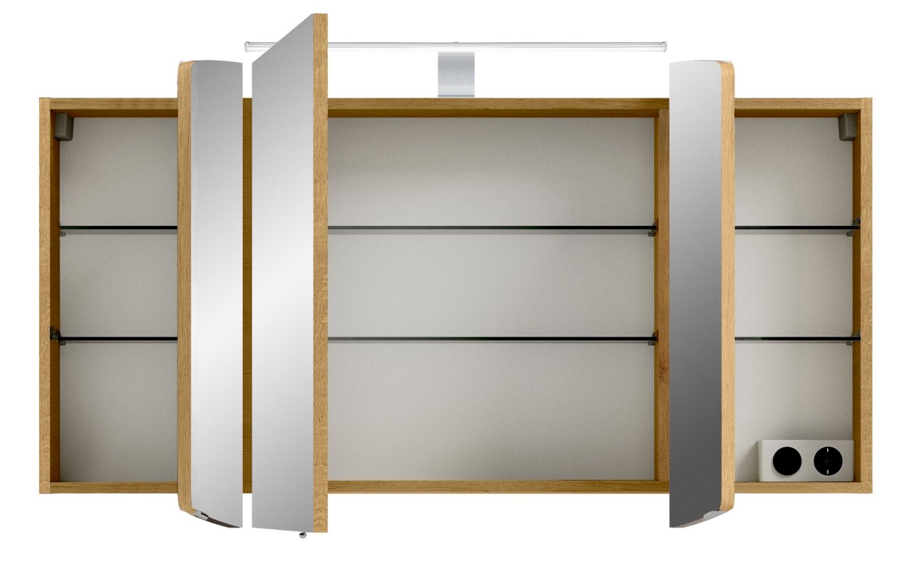 Spiegelschrank mit drei Türen, teilweise geöffnet, aus Holz mit Glasregalen und integrierter Beleuchtung, Frontalansicht.