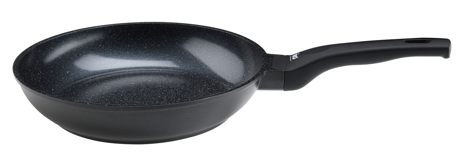 Schwarze Siloncast Pfanne, 28 cm Durchmesser, 6 cm Höhe, mit Antihaftbeschichtung und ergonomischem Griff, seitliche Perspektive