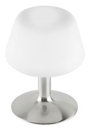 Moderne Tischleuchte aus Stahl mit weißem Lampenschirm, seitliche Perspektive