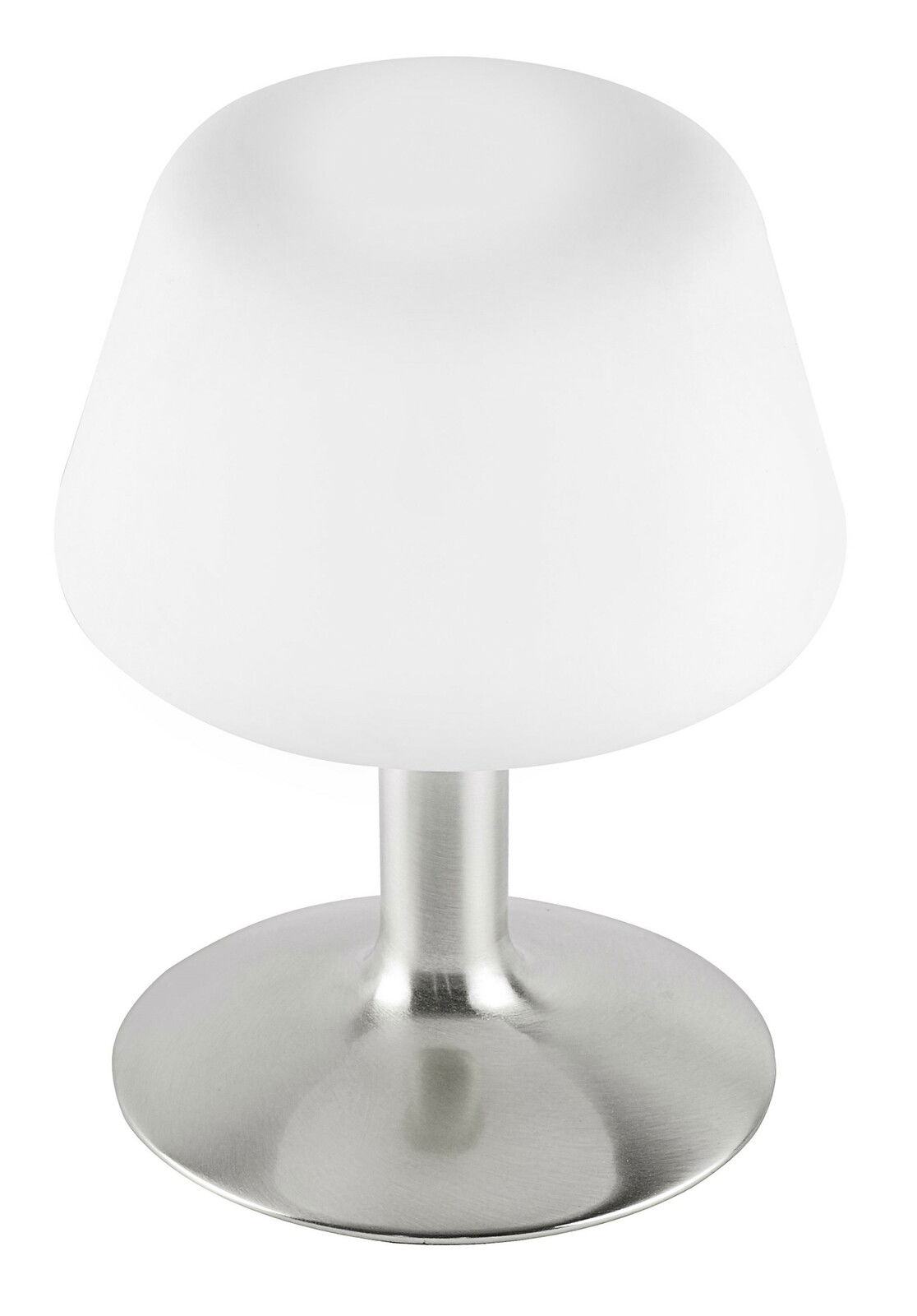 Moderne Tischleuchte aus Stahl mit weißem Lampenschirm, seitliche Perspektive