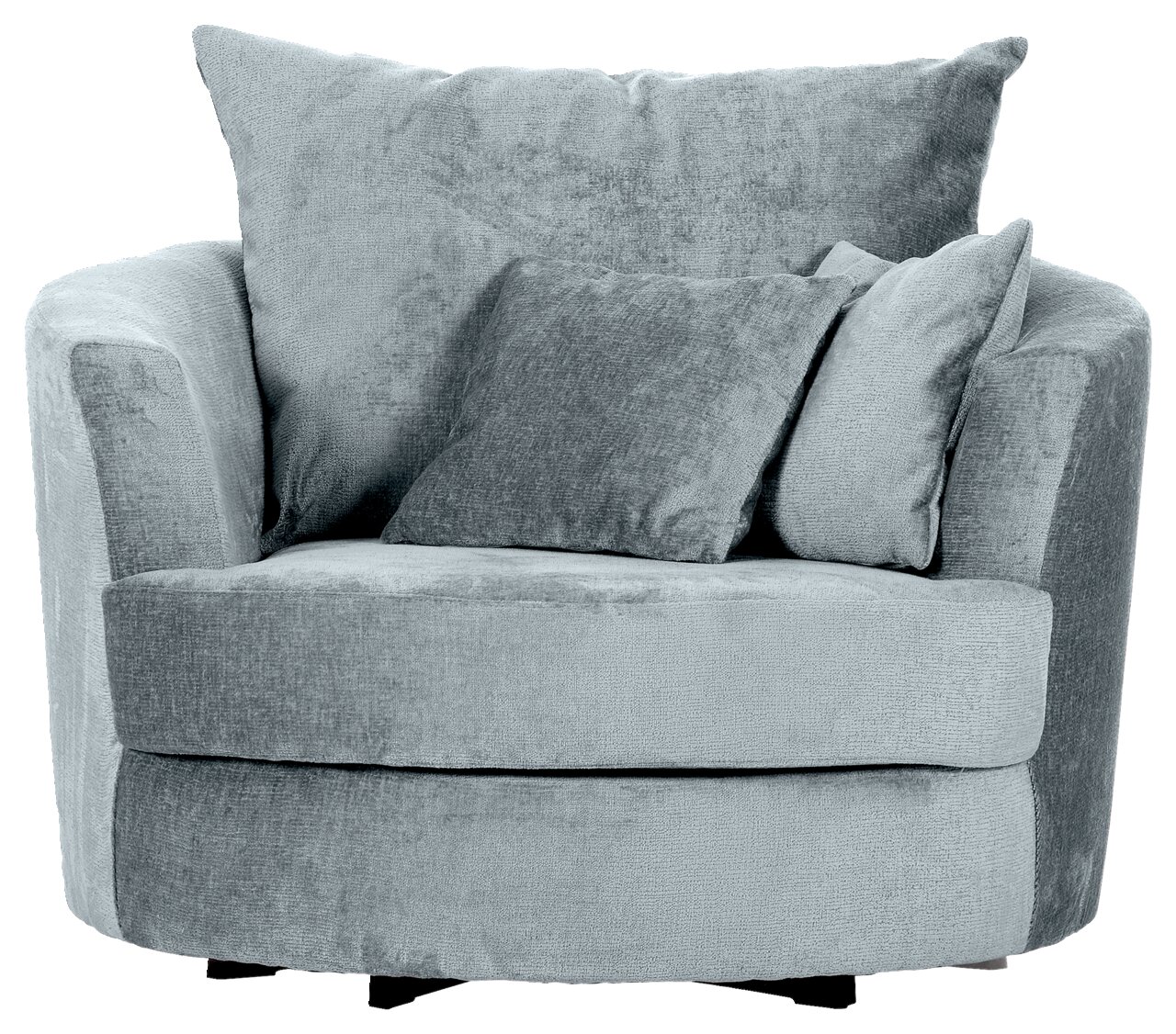 Gemütlicher, runder Sessel in hellgrauem Stoff mit zwei passenden Kissen, Frontalansicht.