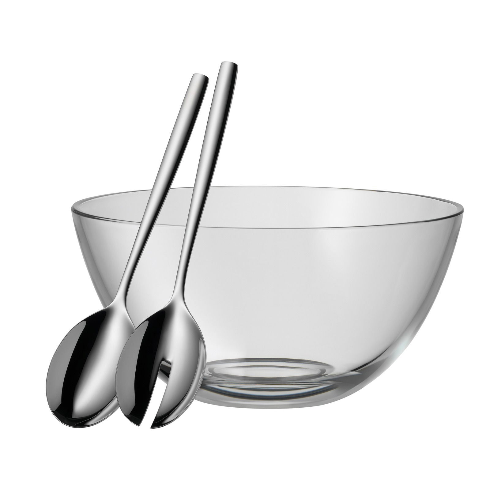 Glas-Salatschüssel mit zwei Edelstahl-Salatbestecken, seitliche Perspektive