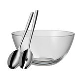 Glas-Salatschüssel mit zwei Edelstahl-Salatbestecken, seitliche Perspektive