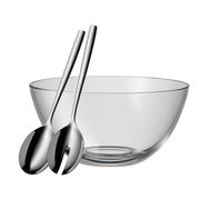 Glas-Salatschüssel mit zwei Edelstahl-Salatbestecken, seitliche Perspektive