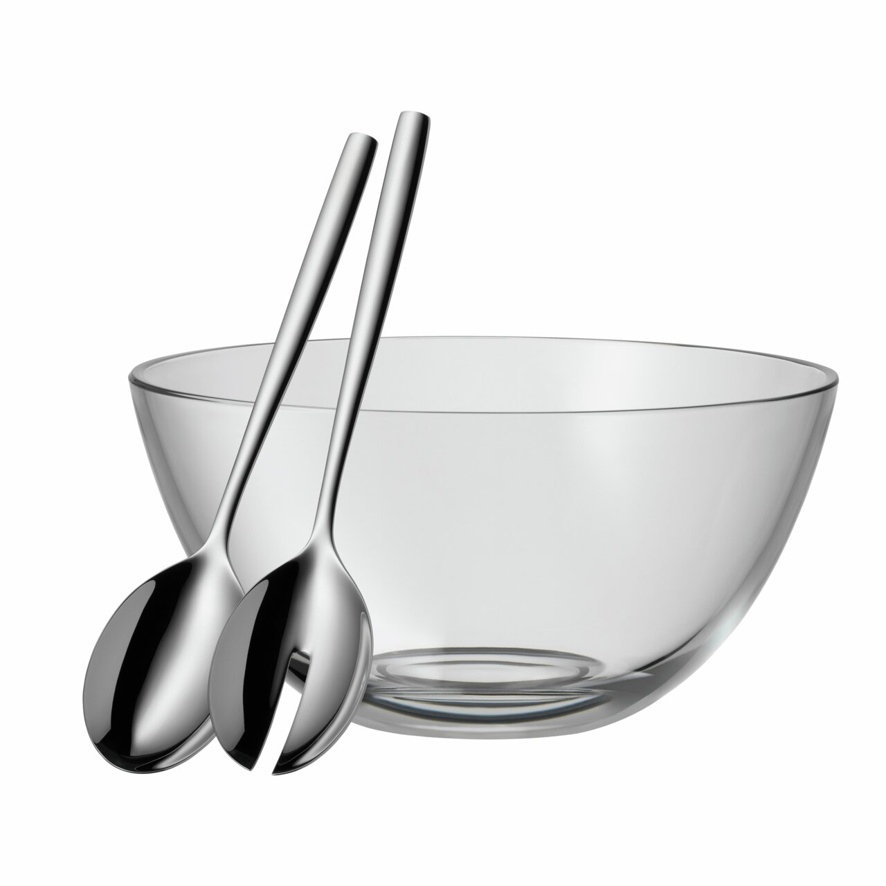 Glas-Salatschüssel mit zwei Edelstahl-Salatbestecken, seitliche Perspektive