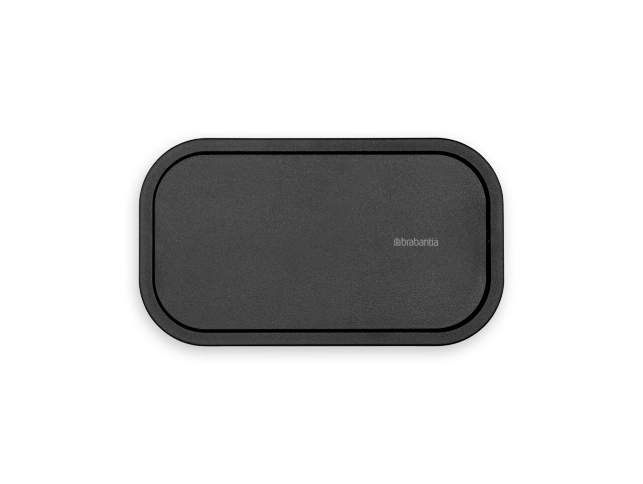 Schwarzer Deckel eines Abfallbehälters aus der Vogelperspektive