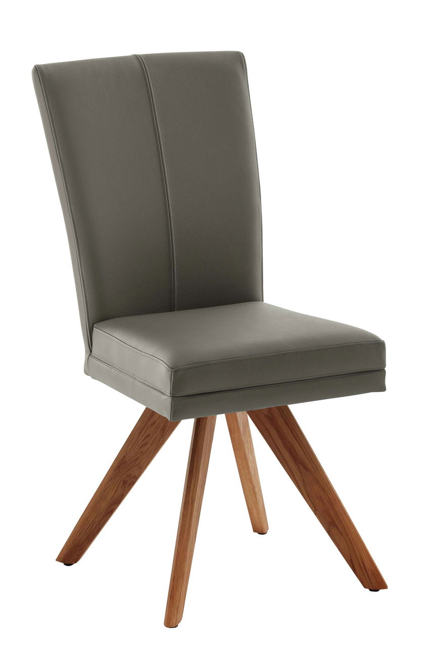 Moderner Stuhl mit grauem Polster und Holzbeinen, seitliche Perspektive