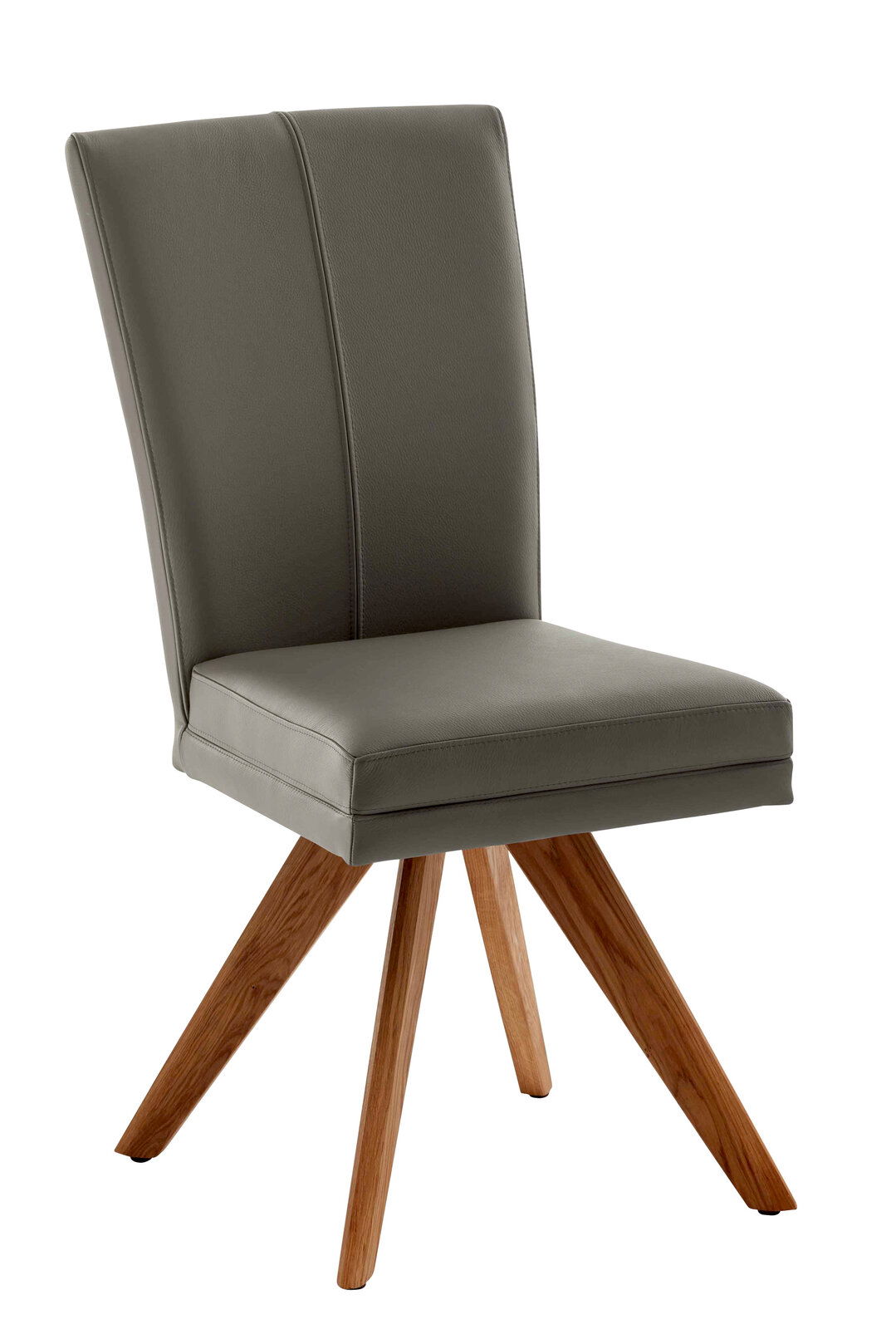 Moderner Stuhl mit grauem Polster und Holzbeinen, seitliche Perspektive