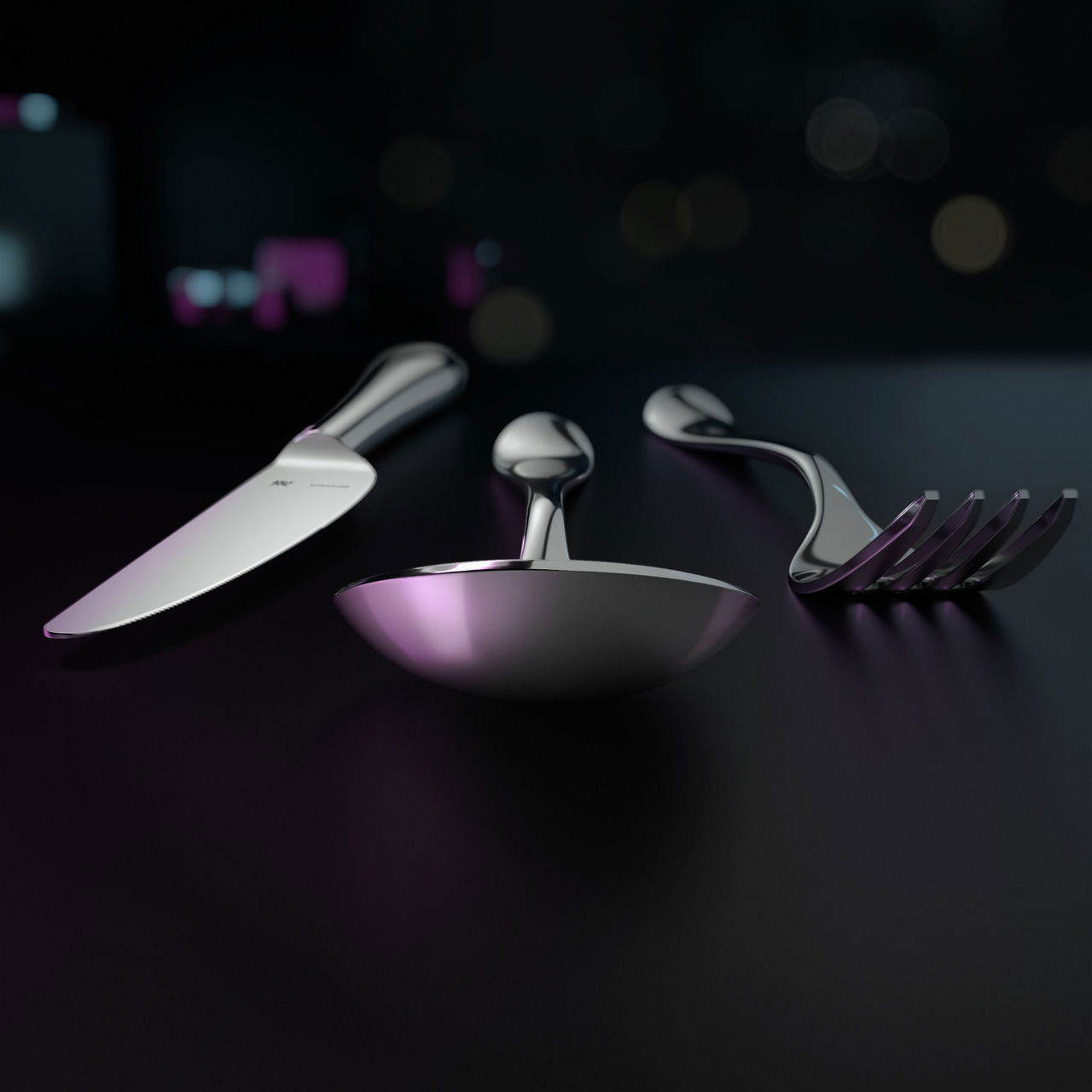 Elegantes Besteckset Merit 66-tlg. in Nahaufnahme, bestehend aus Messer, Löffel und Gabel, auf dunklem Hintergrund.