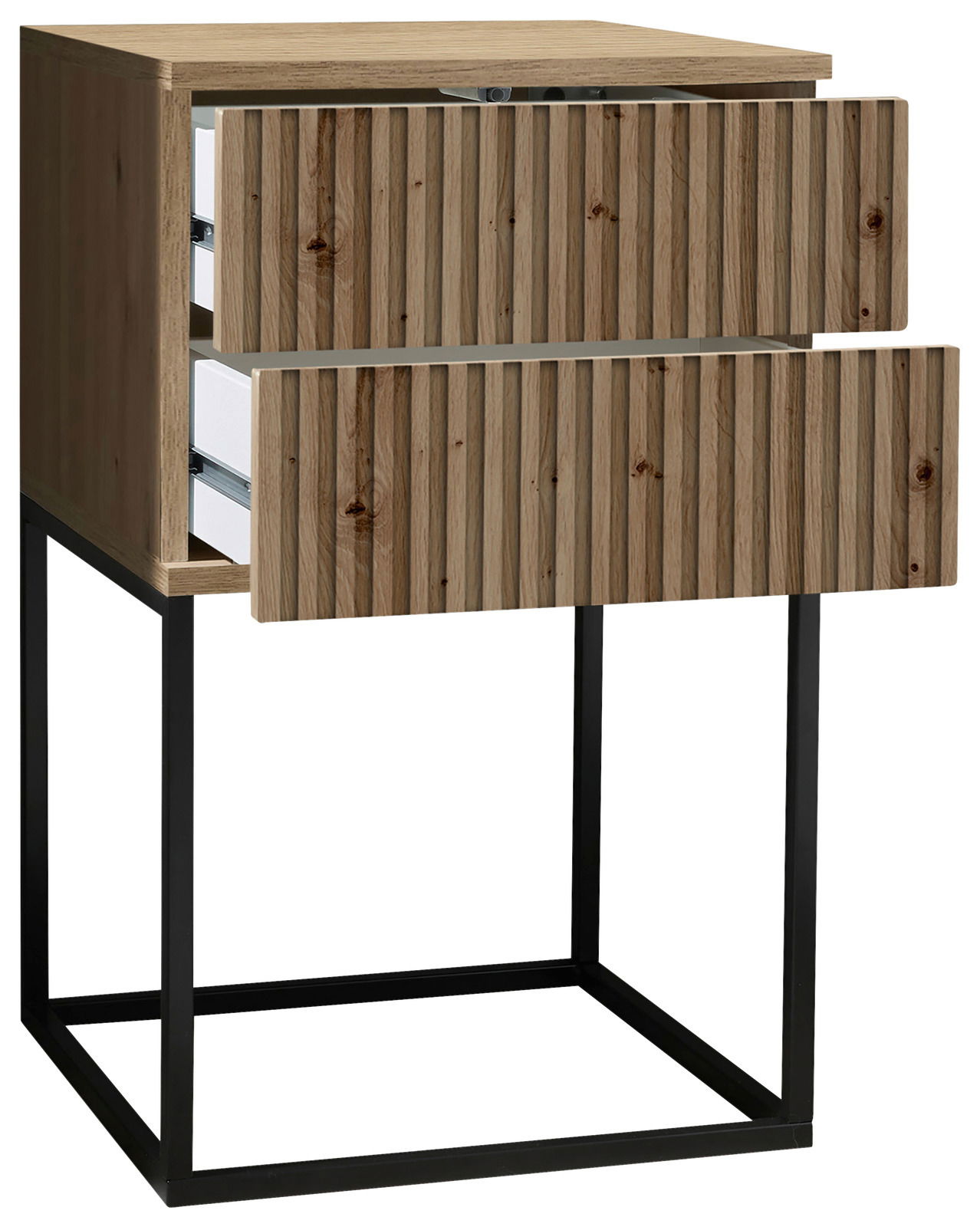 Nachtkommode aus Holz mit zwei offenen Schubladen, auf einem schwarzen Metallgestell, seitliche Perspektive