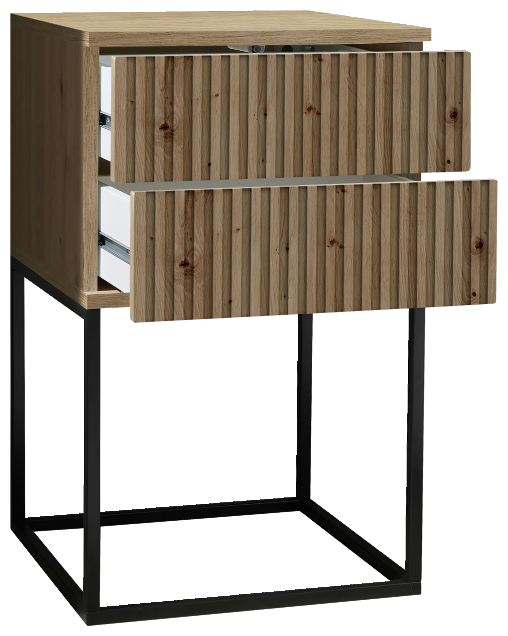 Nachtkommode aus Holz mit zwei offenen Schubladen, auf einem schwarzen Metallgestell, seitliche Perspektive