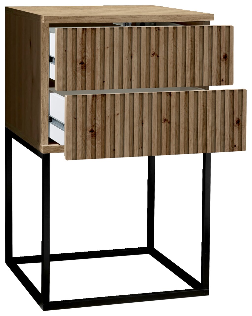 Nachtkommode aus Holz mit zwei offenen Schubladen, auf einem schwarzen Metallgestell, seitliche Perspektive