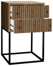 Nachtkommode aus Holz mit zwei offenen Schubladen, auf einem schwarzen Metallgestell, seitliche Perspektive