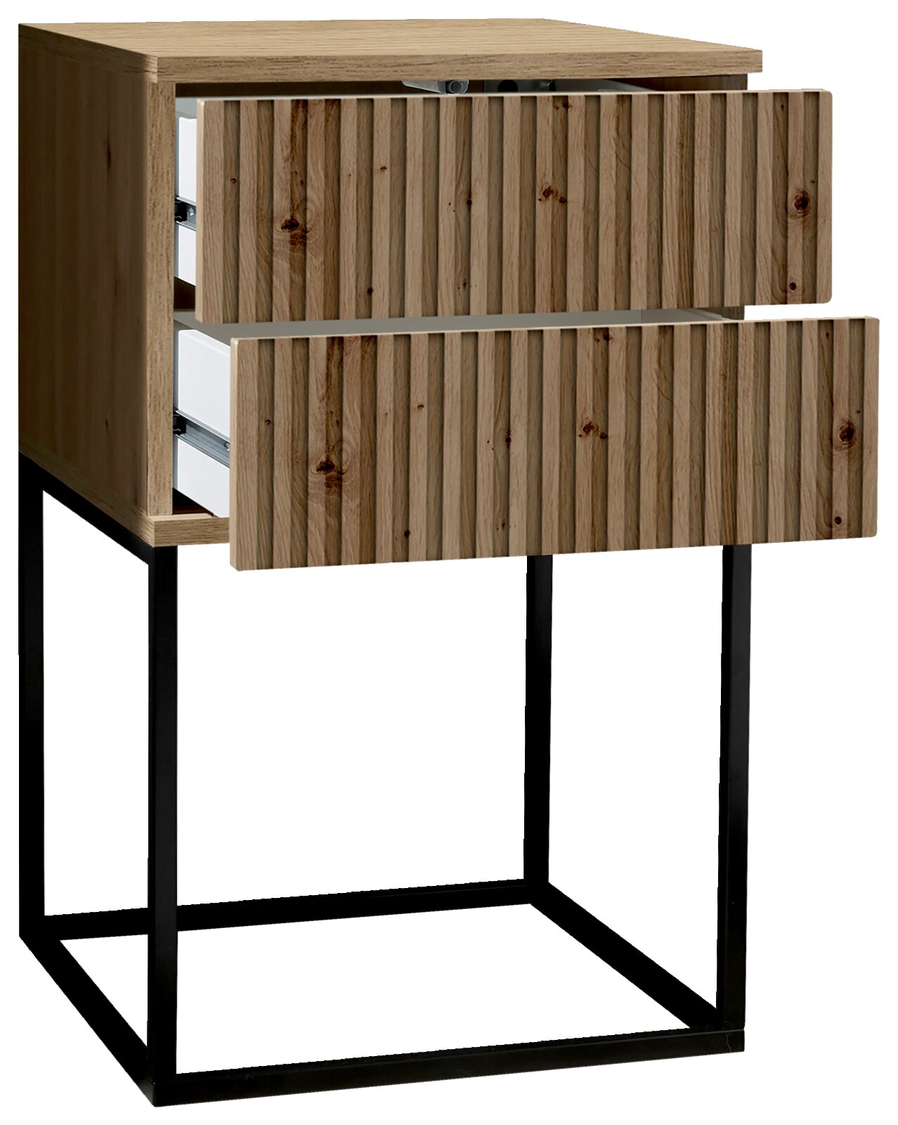 Nachtkommode aus Holz mit zwei offenen Schubladen, auf einem schwarzen Metallgestell, seitliche Perspektive