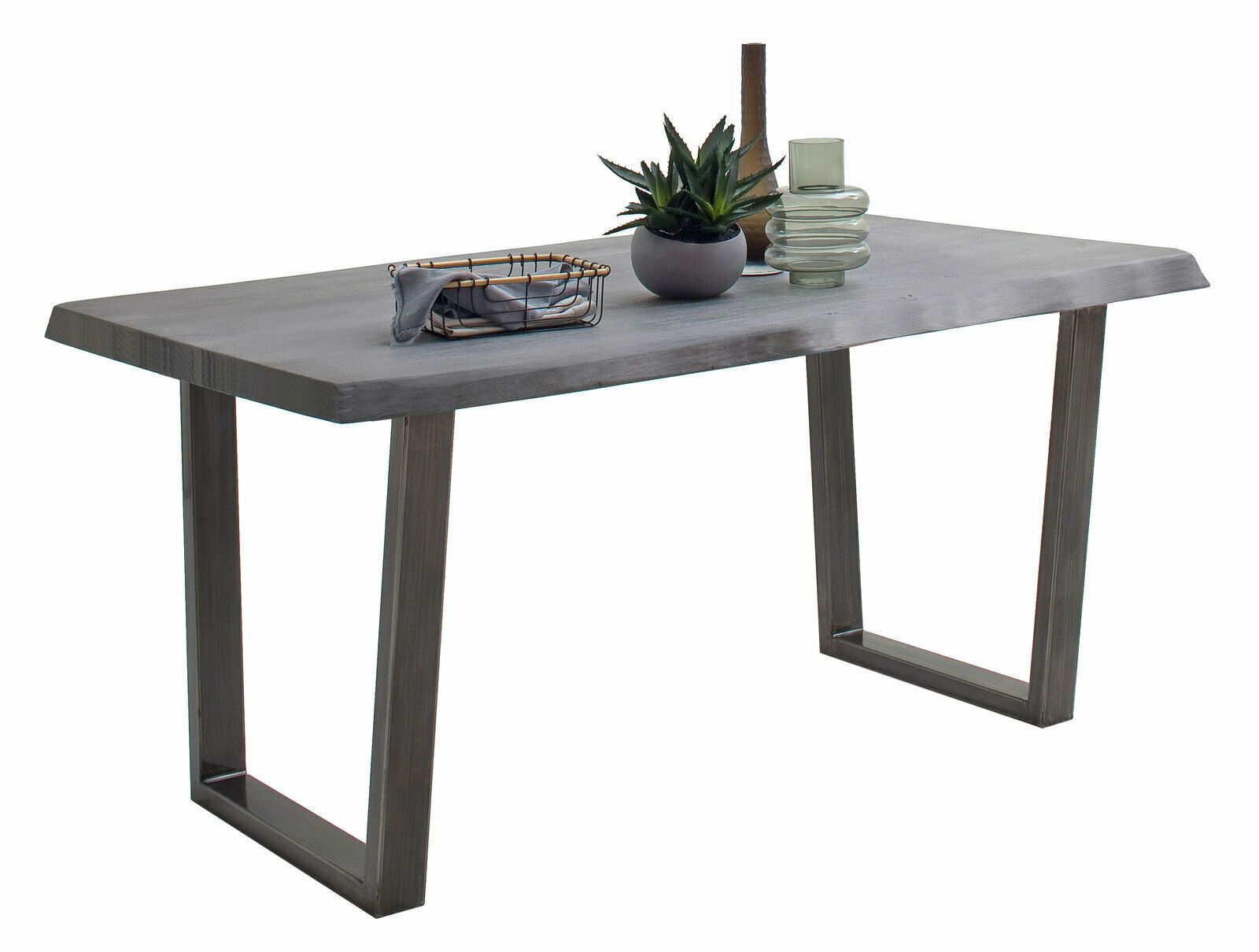 Moderner Esstisch mit rechteckiger Holzplatte und Metallbeinen, seitliche Perspektive